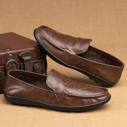 Casual leather toe-layer cowhide men's  new trendy versatile loafers British soft-soled beanie men's shoes