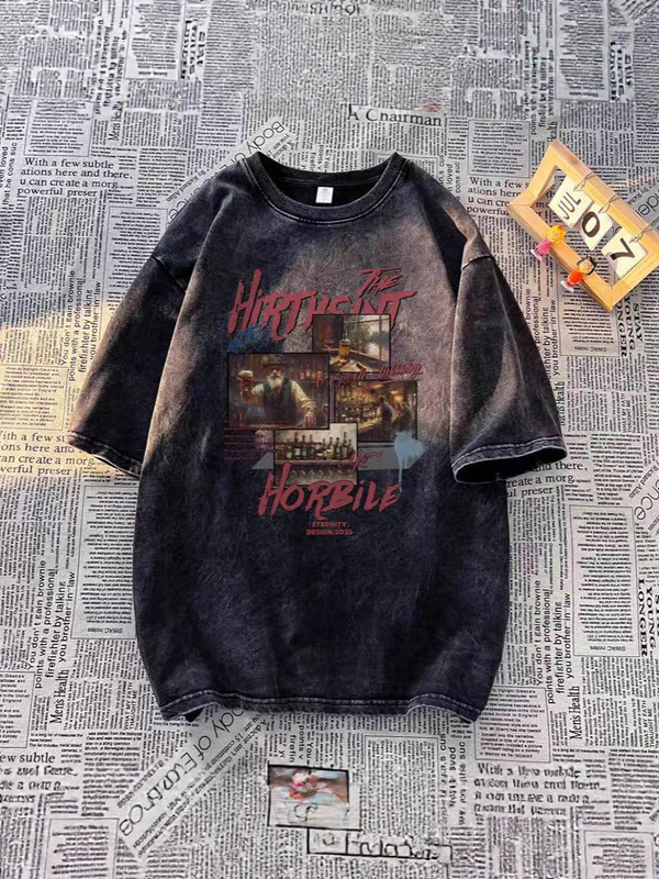 アメリカンヘビーウェイトピュアコットンウォッシュ加工ダメージ半袖Tシャツメンズ夏ルーズ半袖ハイストリートTシャツボトリングシャツトレンディブランド|undefined