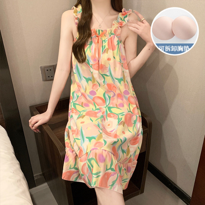 2024 verano esling vestido de pijama chica tejido nubes de algodón cojín de pecho lindo dulce se puede usar vestido largo ropa para el hogar