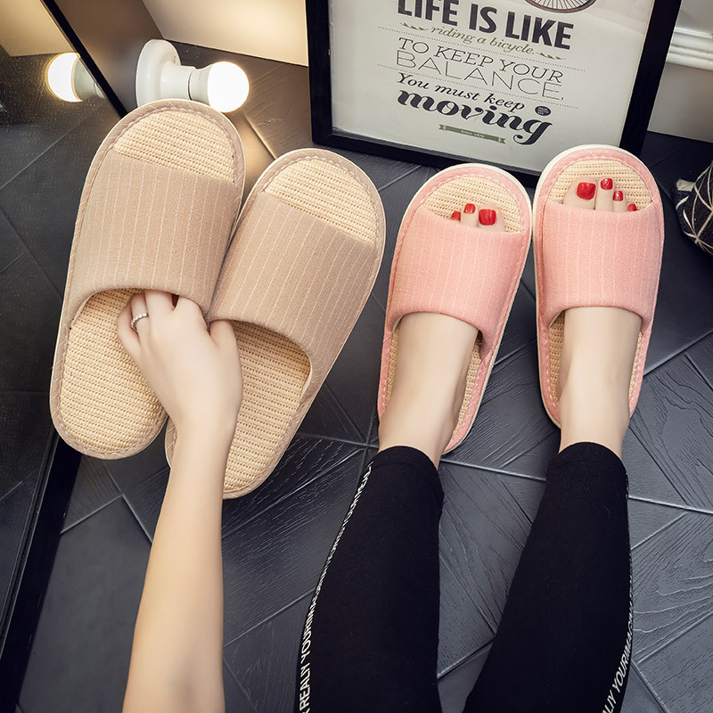 Home linen slippers thick-soled men's and women's home couple spring and autumn non-slip sweat-absorbing Japanese style shit feeling summer bamboo pattern