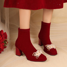 方头后拉链新款粗跟时尚女秋冬氛围短靴2025花朵防水台酒红色婚靴