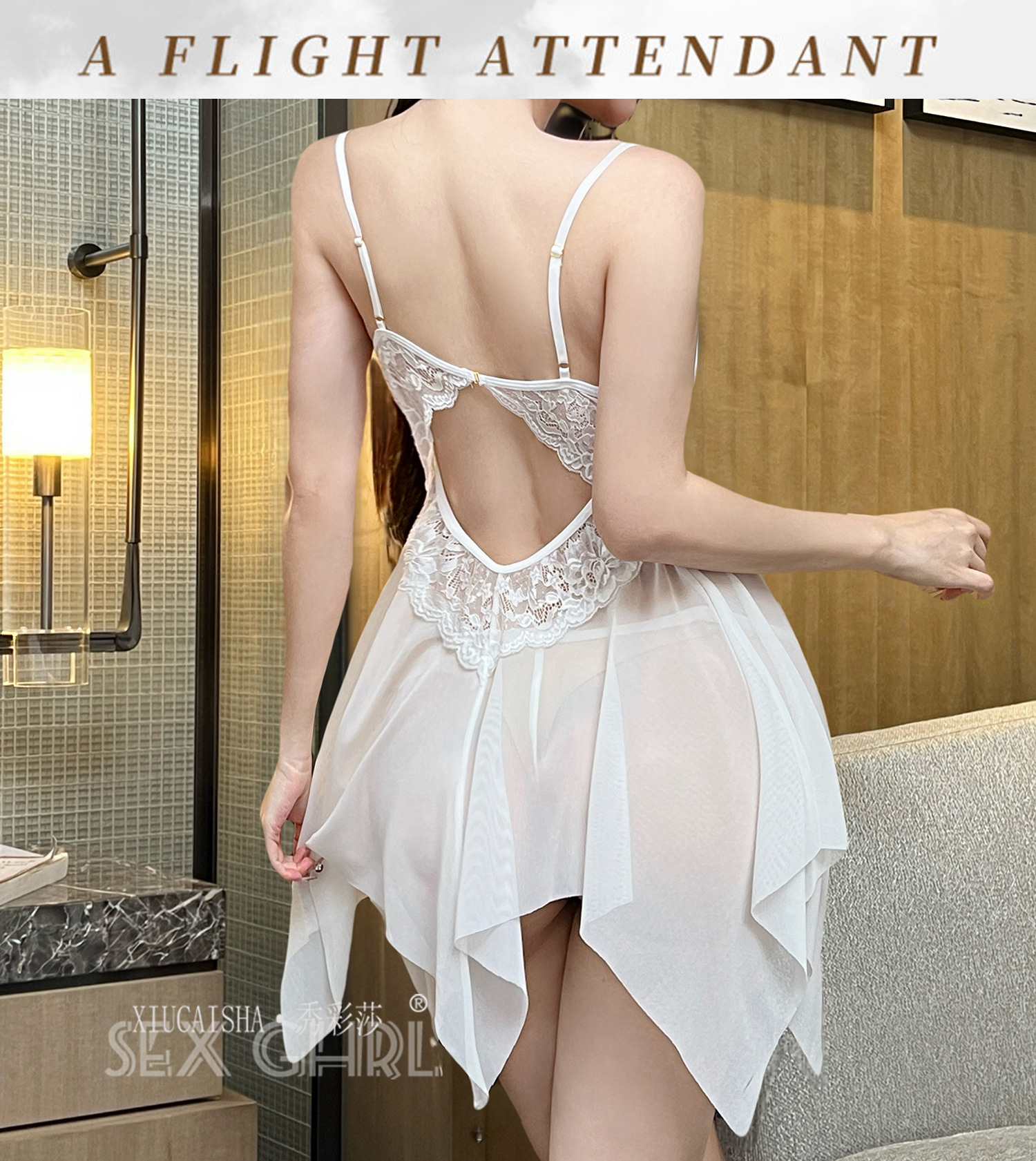 Xiucaisha See-Through Mesh Babydoll Set with Thong and Open-Crotch Stockings — detail image 17