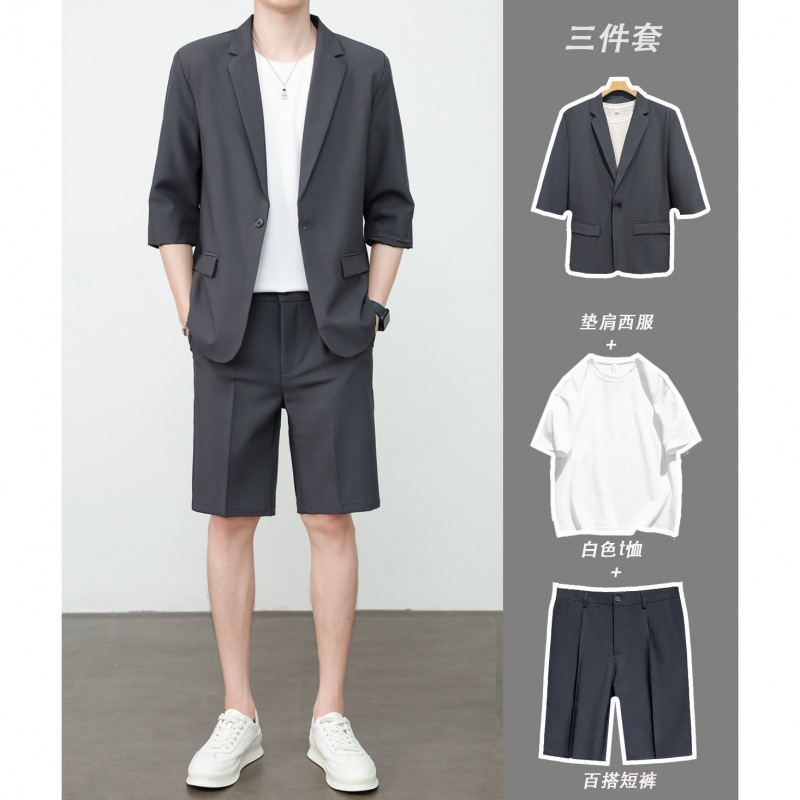 クロスボーダー夏薄手半袖スーツメンズショートパンツカジュアル七分袖ジャケット半袖スーツスーツファッション|undefined