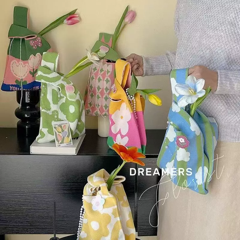 新款ins网红潮手提包女针织毛线水桶包手拎休闲托特包盒 饭袋批发