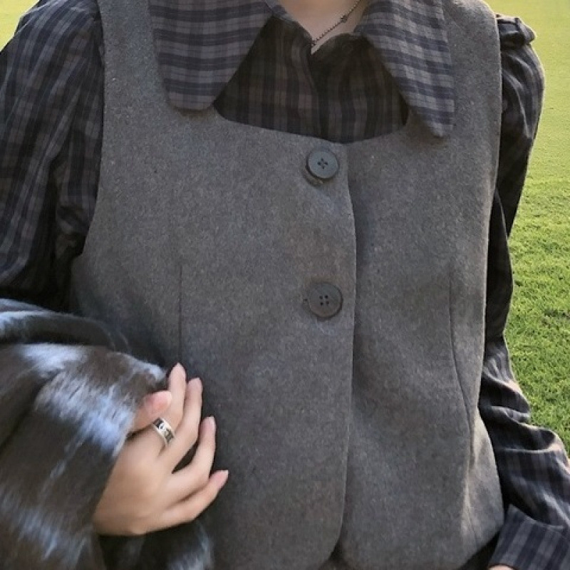 学院风套装气质毛呢马甲背心女春秋季百褶灰色长款半身裙两件套|undefined