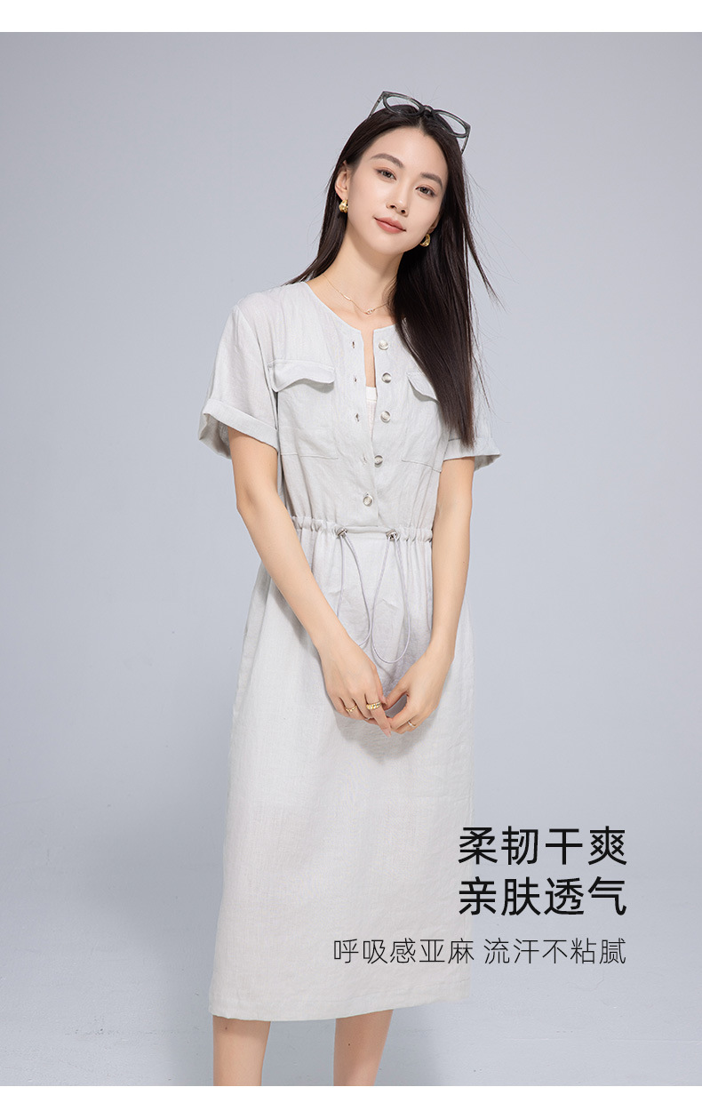 Váy maxi vải lanh nữ dáng rộng tay ngắn eo dây rút — Xanh ô liu chi tiết 16