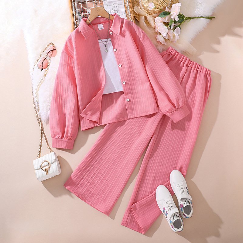Conjuntos a juego para padres e hijos, para niños y niñas, primavera 2026, nuevo conjunto coreano de madre e hija con camisa de manga larga con cuello y pantalones largos, conjunto de dos piezas.
