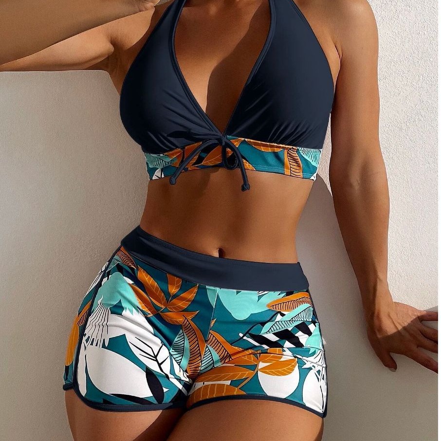 Bikini da donna a vita alta con lacci, design sexy a incastro, costume da bagno stile college europeo americano, costume da bagno sportivo da surf in poliestere e nylon_voghion.com