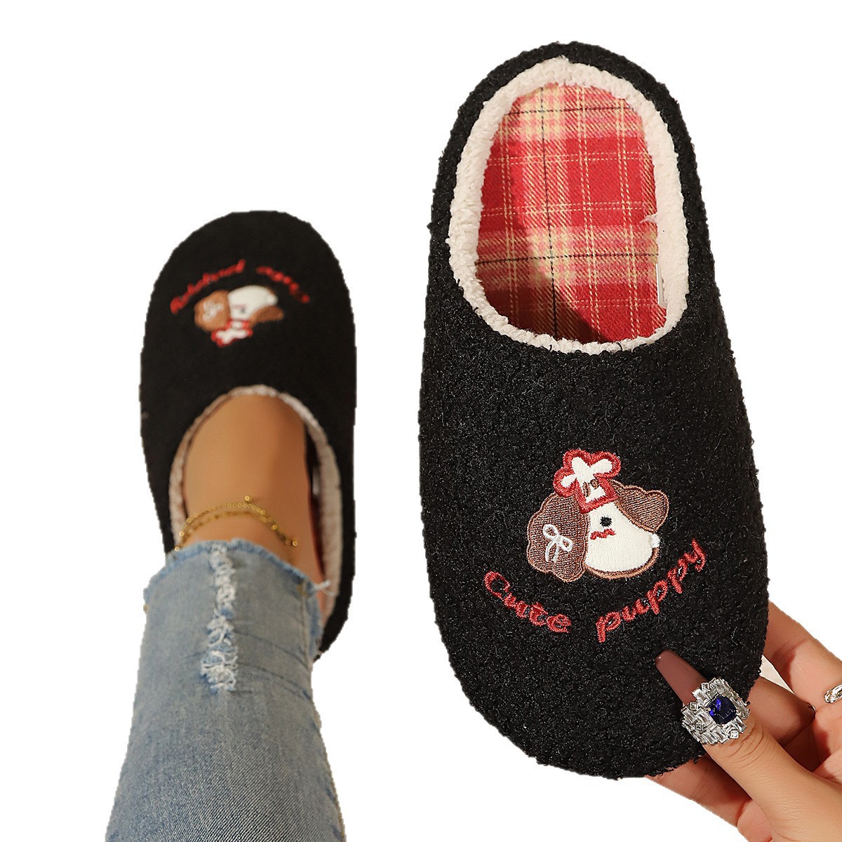 Casa zapatos de algodón suaves lindos cachorro zapatillas de cabello de cabello para mujeres de otoño y invierno deslizantes interiores gruesas zapatillas de cabello