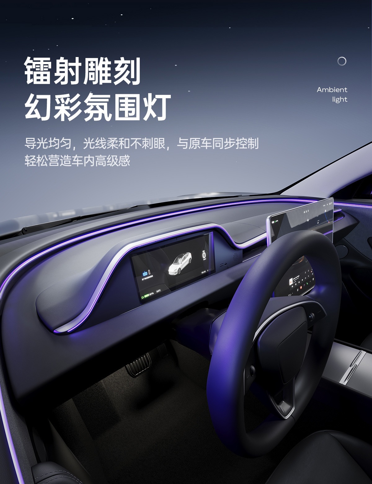 Suitable for Tesla Model 3, Model Y, and Model Yl Integrated Ambient Lighting with Carplay, Android, and Front Camera Instrument Panel