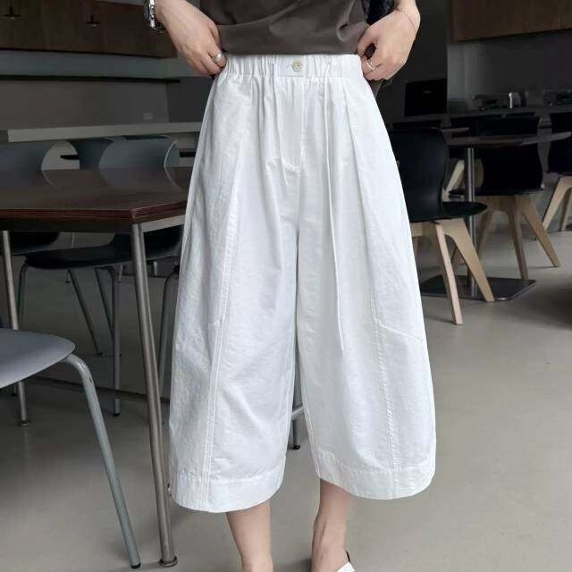 2026 Summer New Style Elastic Waist Drawstring Curved Hem Pants for Women, Loose Slimming Wide-Leg Casual Pants, Cropped Pants for Women