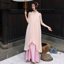 江南烟雨设计师款新中式挂脖连衣裙气质仙女裙度假长裙烟粉色雪纺