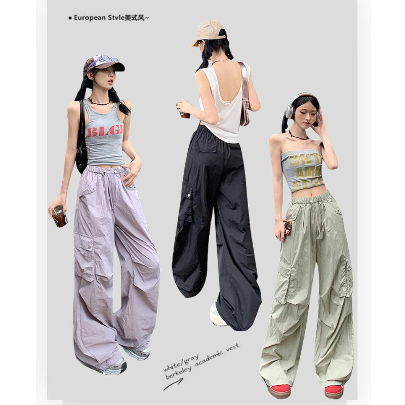 Summer American Street Style Pleated Pants Wide-Leg Pants Casual Pants Loose Work Clothing Pants Thin Leggings Cargo Pants Wm