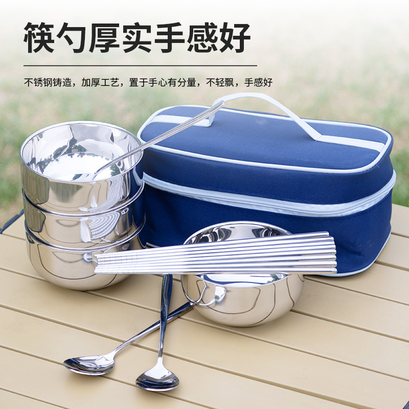 Outdoor Camping Picnic Travel Portable Stainless Steel Fine Bowl Chopsticks Spoon suit Bowl Chopsticks Family Tableware Rice Bowl Bag