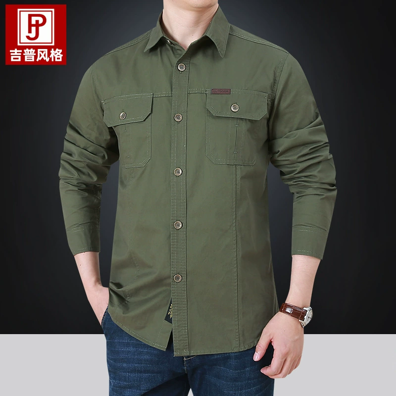 Трансграничная 2023 Весенне-осенняя инструментальная рубашка с длинными рукавами Мужская рубашка из выстиранного хлопка Amazon больших размеров Мужская рубашка с длинными рукавами