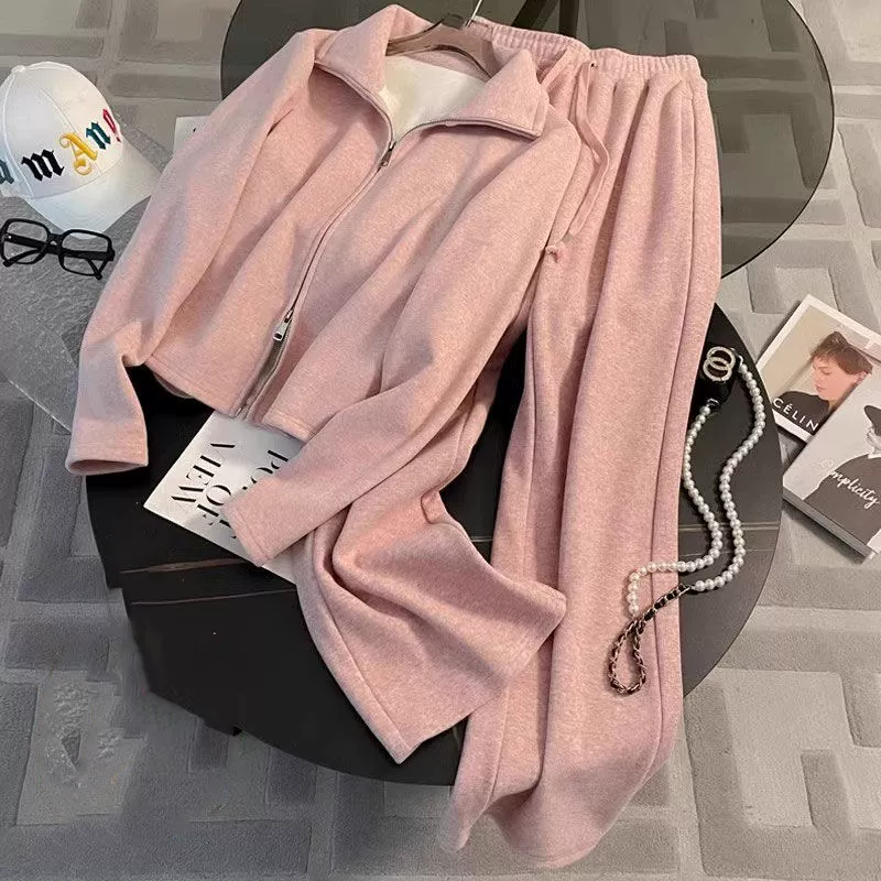 Весенние волосы носят полный набор новых свободных кардиган с высоким воротом кашемировые короткие пальто широкие брюки для женщин