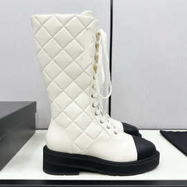 2025秋季新款菱格骑士靴女金属字母系带厚底长筒机车靴百搭女靴