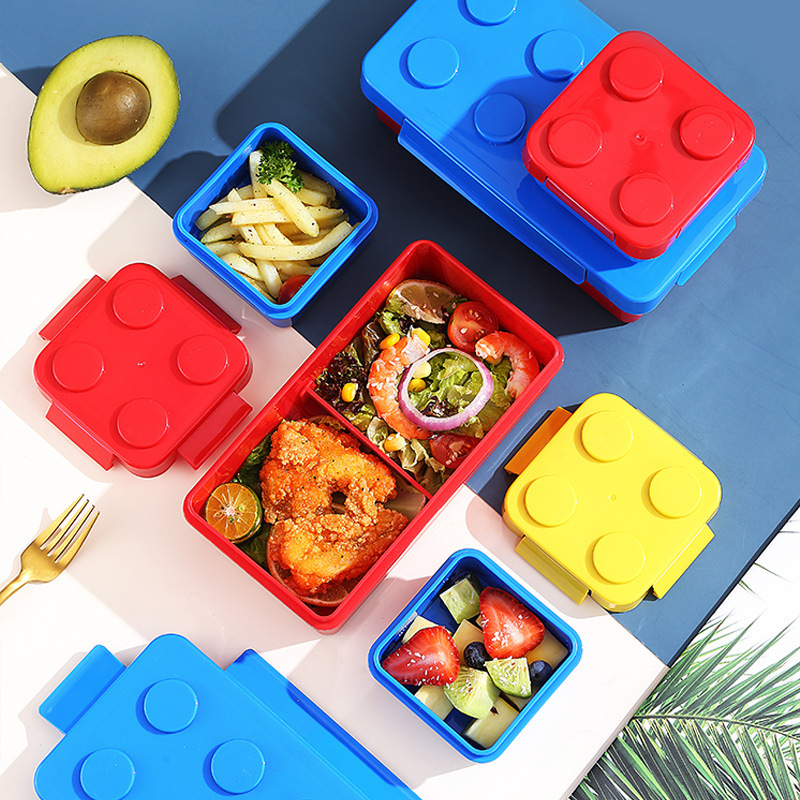 创意趣味儿童可拼积木饭盒 学生便携式分格午餐盒可微波炉便当盒