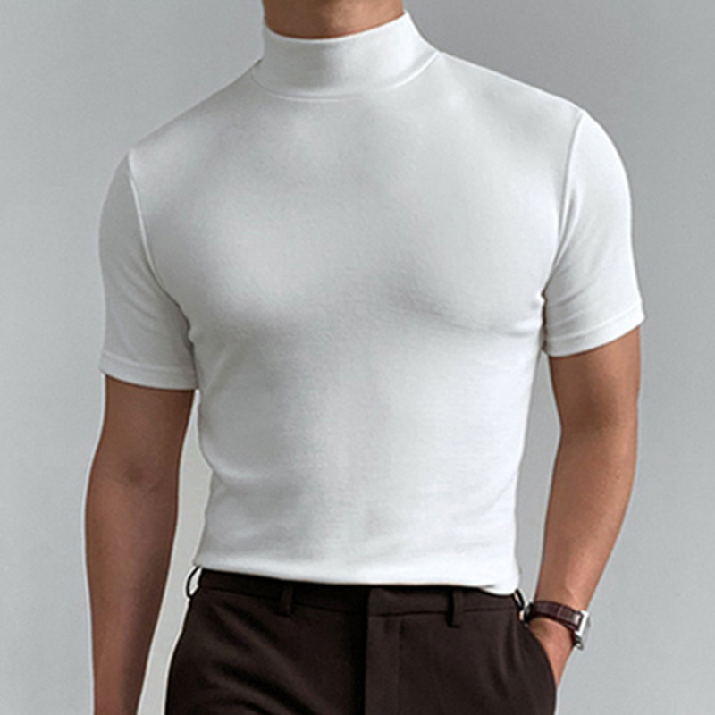 Cross-border AliExpress Men's in stock 2024 Summer Solid Color Short-sleeved Fashionable Base Shirt Men's Tight High Collar T-shirt