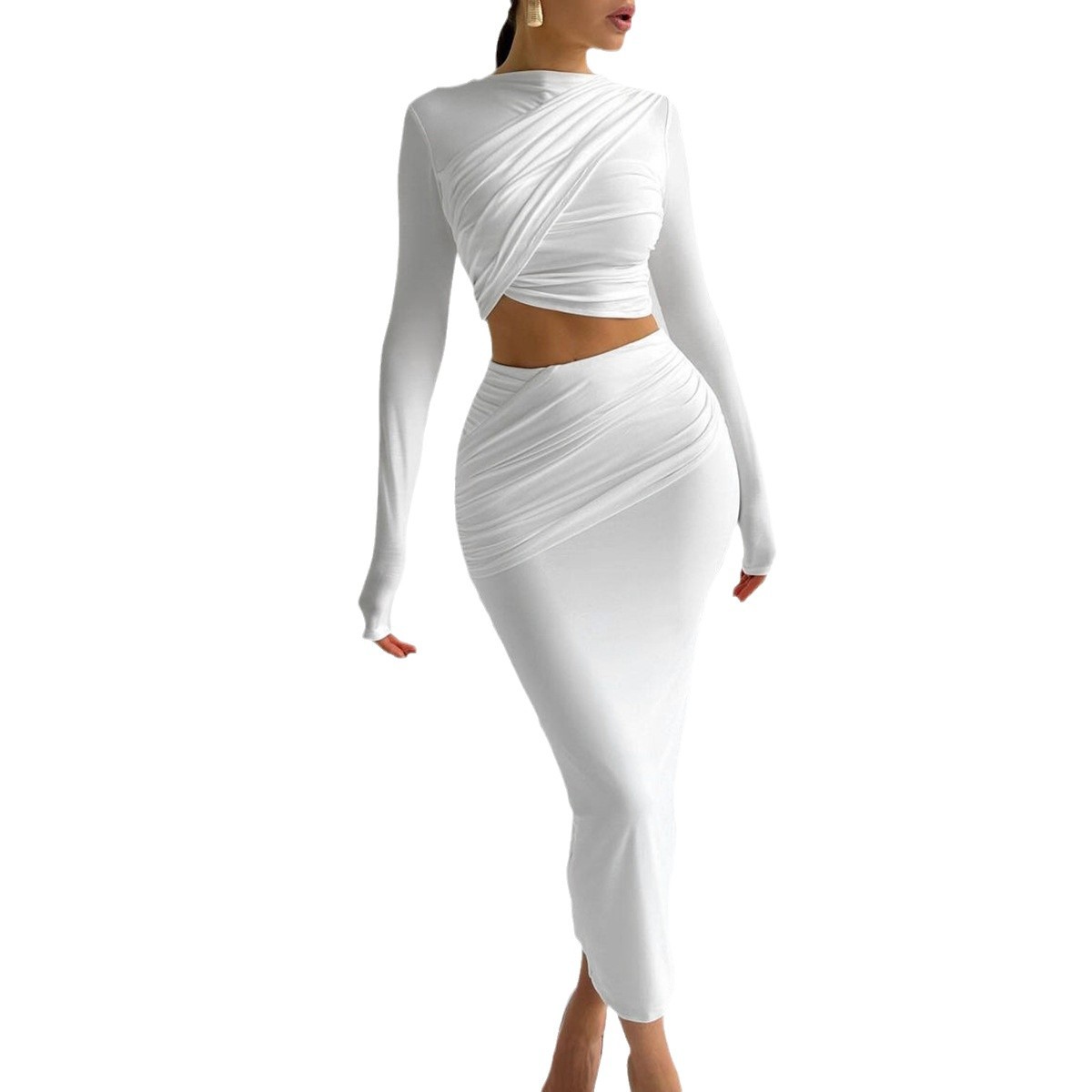 European American Style Women's Clothing 2024 Autumn And Winter New Foreign Trade Round-neck Long-sleeve Crop Top_ecoleips.com