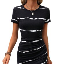 亚马逊wish速卖通2025秋季女士时尚优雅黑白条纹款圆领短袖连衣裙