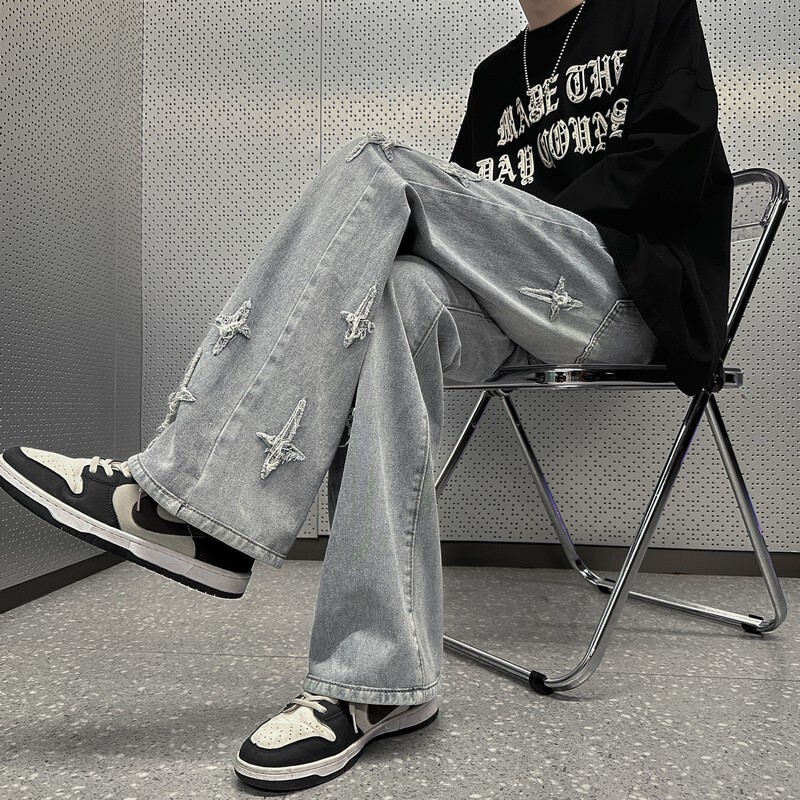 Yellow mud cross jeans men's spring and autumn national fashion ripped pants Ruan handsome loose micro flared wide-leg pants