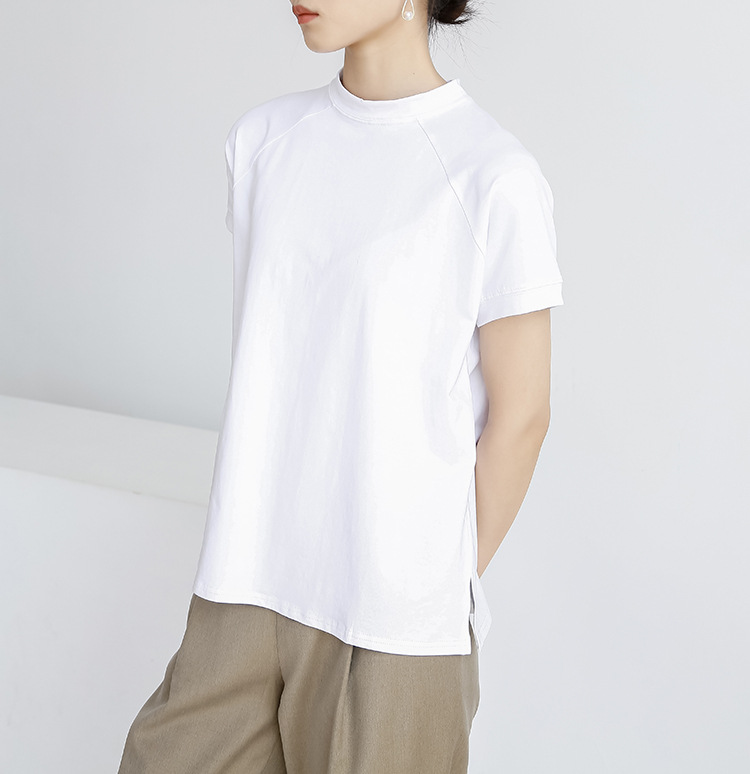 Summer Cotton Solid Color Short Sleeve Women T Shirt French Pullover Women Side Slit