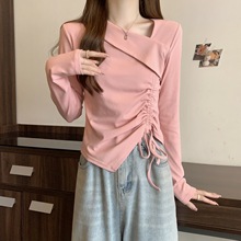 不规则V领正肩粉色长袖T恤女秋季大码胖mm打底衫显瘦别致独特上衣