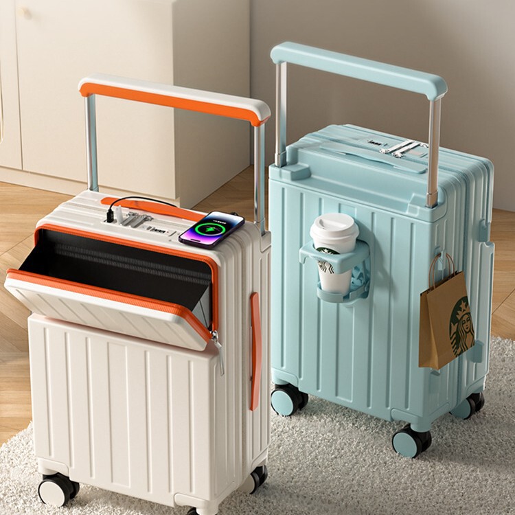 Wide pull rod luggage box men's and women's multifunctional front opening 20 inch boarding box new cup holder password travel box