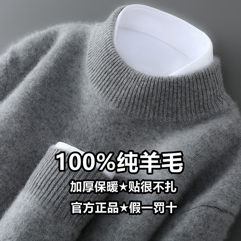 Autumn and Winter New Pure Wool Sweater Men's Thickened Business Pullover Base Shirt Half Turtleneck Sweater with Cashmere Sweater Men's