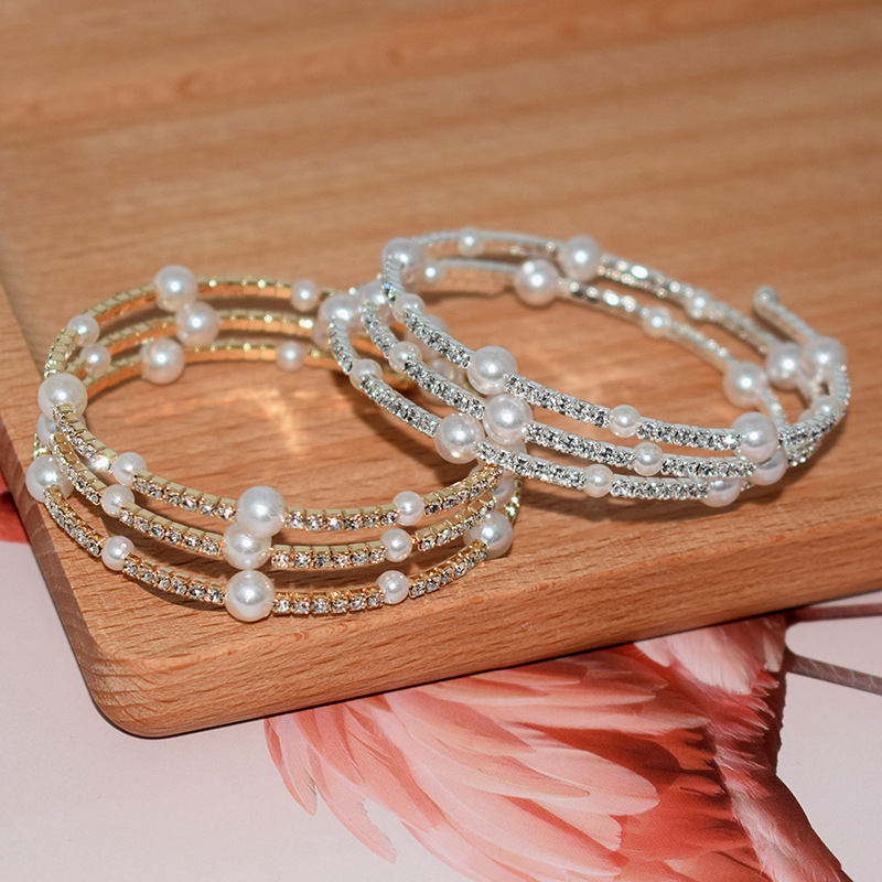 European and American-style personalized trendy multi-layer bracelet open Pearl rhinestone bracelet everyday versatile ethnic style ins hand jewelry