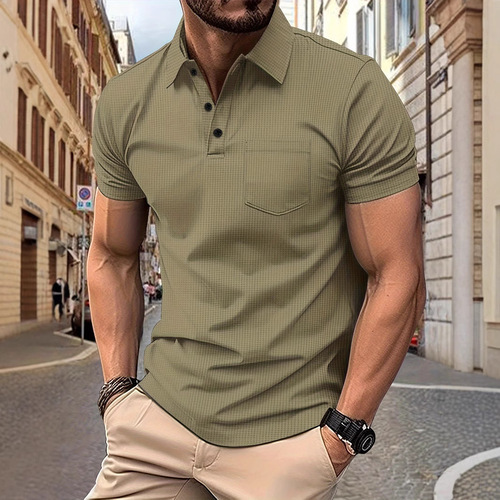 2025 Fashion Checked Solid Color Casual Sport Short Sleeve Polished Polo Shirt