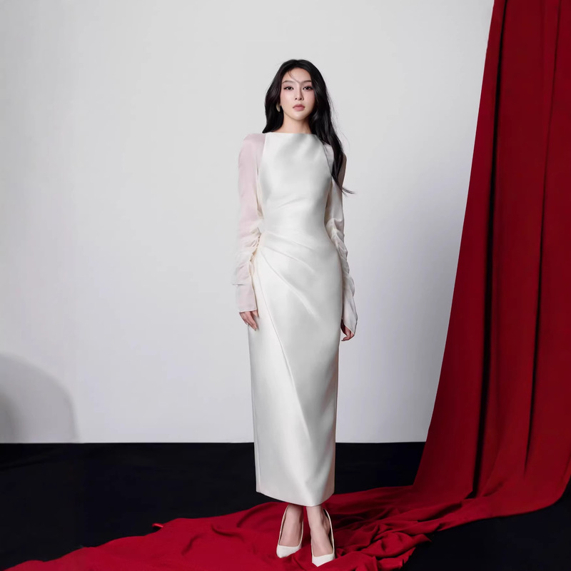 In-Stock Designer Elegant and Intellectual Style Patchwork Dress Satin Crepe Apricot Color Elegant Slit One-Step Gown Dress In-Stock Designer Elegant and Intellectual Style Patchwork Dress Satin Crepe Apricot Color Elegant Slit One-Step Gown Dress