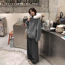 韩系灰色慵懒风毛领连帽外套女2025秋冬季新款气质小个子穿搭套装