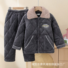 新款翻领中大童牛奶绒三层夹棉睡衣儿童法兰绒家居服男童加厚加绒