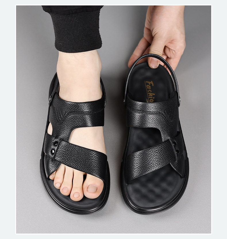 Dép sandal nam da bò lớp đầu thoáng khí, đế mềm êm chân, kiểu hở ngón — 51300 màu nâu, 51300 màu đen chi tiết 3
