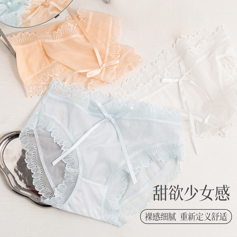 Pure Sexy girl lace underwear women's bow cross mid-waist breathable cotton crotch girl briefs