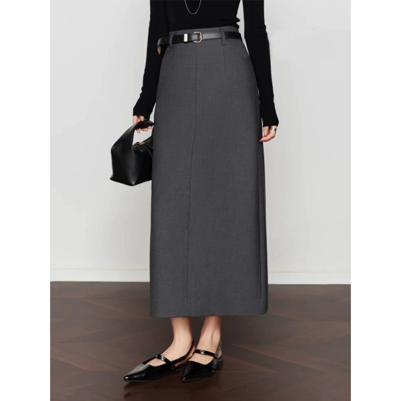 Серая женская костюмная юбка с высокой талией для женщин осенью и зимой больших размеров, дизайн с задним разрезом, свободная утягивающая юбка А-силуэта, закрывающая живот.