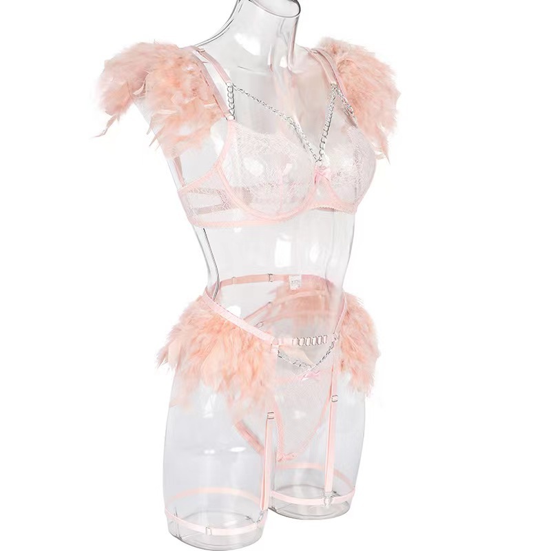 Pink Chained Feather Lace Lingerie set | Luxiaa Clothing - Sexy Lingerie Online