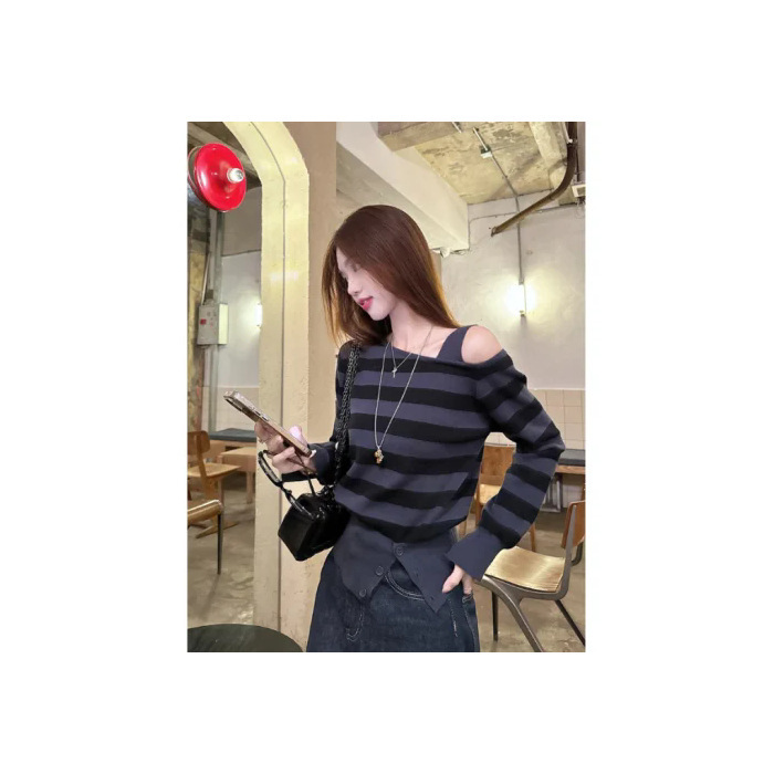 韩系条纹撞色拼接露肩百搭上衣女春秋复古慵懒风修身显瘦个性长袖|undefined
