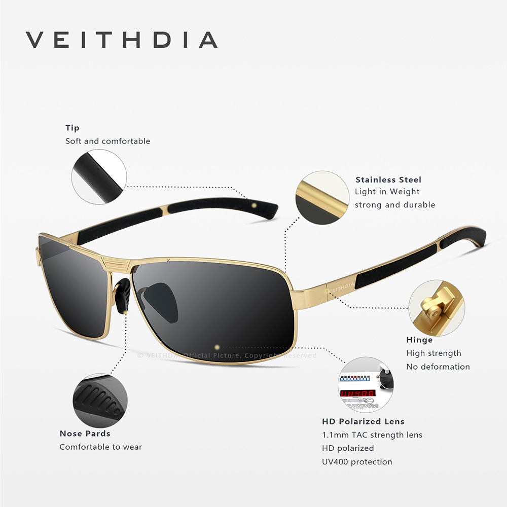 Veithdia hombres cuadrados polarizados UV-prueba gafas de sol antideslizantes gafas de sol de oro en stock 2490
