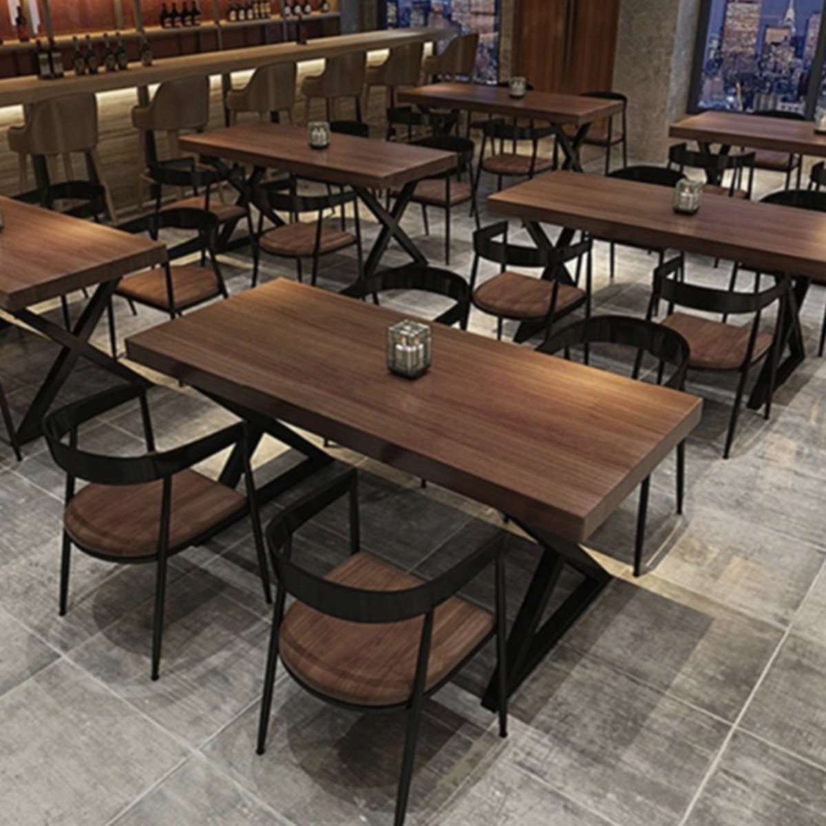 Vintage Industrial Style Restaurant Bar Barbecue Shop Solid Wood Dining Table and Chair Combination Commercial Rectangular Milk Tea Shop Table and Chair