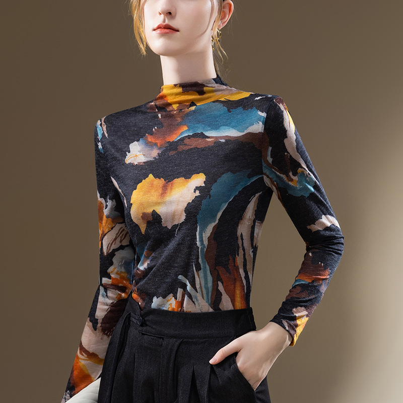 Camisa de fondo de cuello alto para mujer 2023 nueva camiseta de manga larga impresa Vintage para mujer temperamento Cintura interior superior ajustada image 5