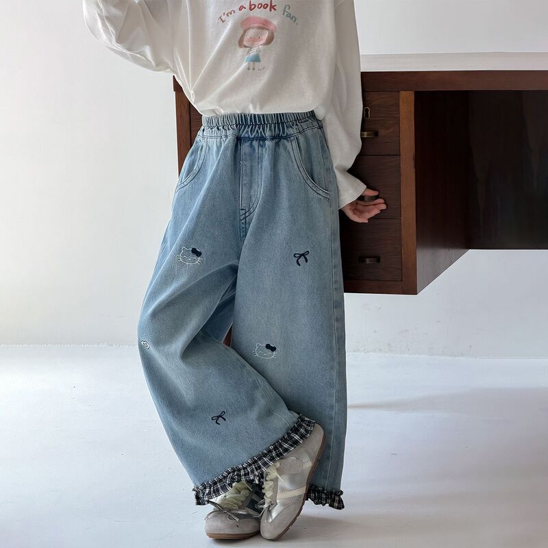 Girls' pants, spring/autumn collection 2026, new stylish plaid straight-leg pants for baby girls, children's autumn wear, KT cat denim pants Girls' pants, spring/autumn collection 2026, new stylish plaid straight-leg pants for baby girls, children's autumn wear, KT cat denim pants