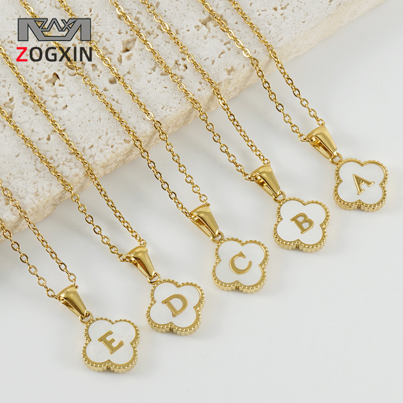 New Four-Leaf Clover Pendant Stainless Steel 18K Gold Necklace Ins Style European and American Simple Shell Letter Clavicle Chain Necklace