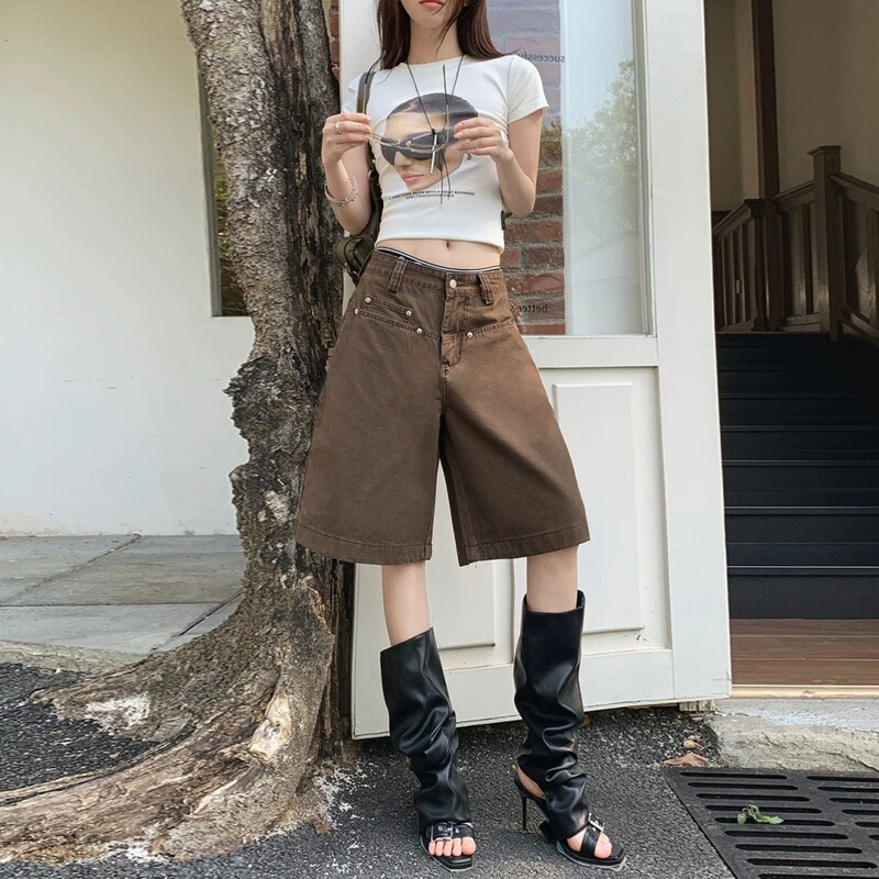 Brown denim shorts for petite women, summer thin style, American retro high-waisted, slimming, loose, mid-length wide-leg shorts