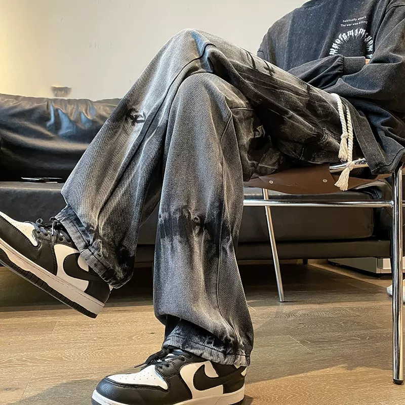 Pantalones europeos y americanos High Street Vibe ins marca de moda tie-dyed vintage drawstring jeans hombres American hiphop Pantalones rectos