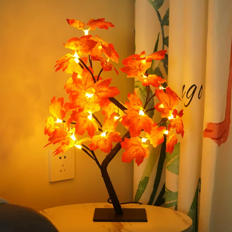 LED Maple Leaf USB Tree Lamp, 24-Leaf Warm White, Decorative Lantern Night Light, 39 cm