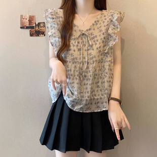 Plus Size Fat mm Design Slimming Look V-Neck Floral Chiffon Vest Women's Summer Outer Wear Edge Age-Reducing Sleeveless Bottoming Shirt
