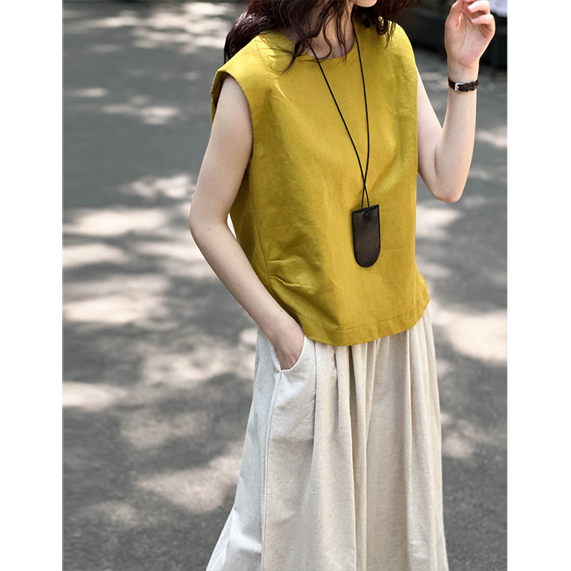 Tangerine 2025 Spring and Summer Round Neck Sleeveless Side Pleated Minimalist Linen Pullover Shirt Vest 5572